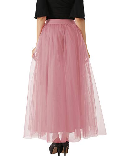 FEOYA Falda de tul de 4 capas para mujer, larga, línea A, falda de malla, cintura alta, elástica, tutú para mujer, larga, talla única, 17 colores rosa pálido Talla única