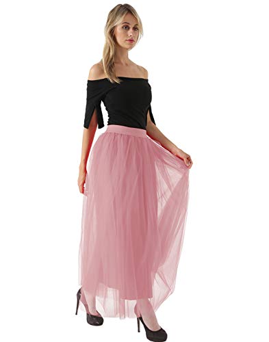 FEOYA Falda de tul de 4 capas para mujer, larga, línea A, falda de malla, cintura alta, elástica, tutú para mujer, larga, talla única, 17 colores rosa pálido Talla única