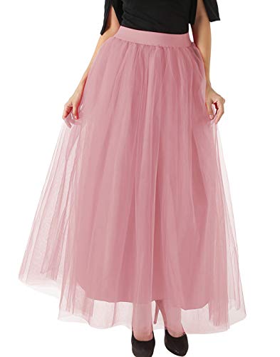 FEOYA Falda de tul de 4 capas para mujer, larga, línea A, falda de malla, cintura alta, elástica, tutú para mujer, larga, talla única, 17 colores rosa pálido Talla única
