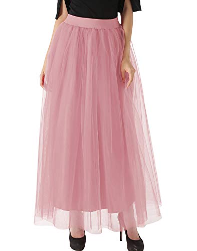 FEOYA Falda de tul de 4 capas para mujer, larga, línea A, falda de malla, cintura alta, elástica, tutú para mujer, larga, talla única, 17 colores rosa pálido Talla única