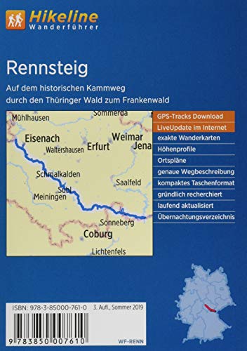 Fernwanderweg Rennsteig: Auf dem historischen Kammweg durch den Thüringer Wald zum Frankenwald. 1:35.000, 169 km