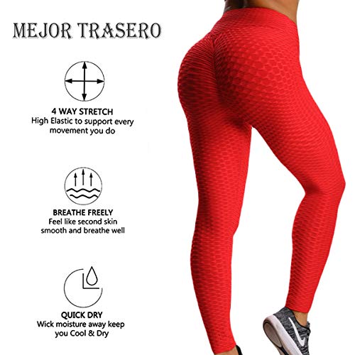 FITTOO Leggings Push Up Mujer Mallas Pantalones Deportivos Alta Cintura Elásticos Yoga Fitness Rojo M