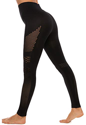 FITTOO Leggings Sin Costuras Corte de Malla Mujer Pantalon Deportivo Alta Cintura Yoga Elásticos Fitness Seamless #1 Negro S