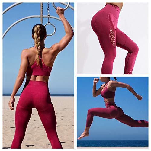 FITTOO Leggings Sin Costuras Corte de Malla Mujer Pantalon Deportivo Alta Cintura Yoga Elásticos Fitness Seamless #1 Rojo Medium