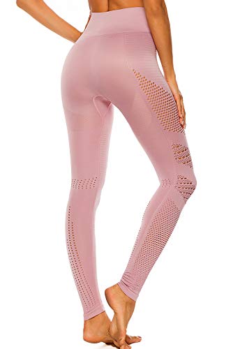FITTOO Leggings Sin Costuras Corte de Malla Mujer Pantalon Deportivo Alta Cintura Yoga Elásticos Fitness Seamless #1 Rosa L