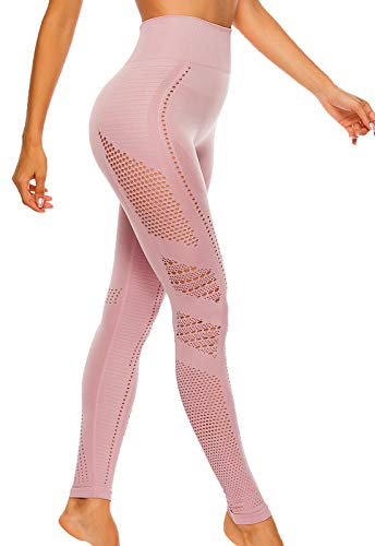 FITTOO Leggings Sin Costuras Corte de Malla Mujer Pantalon Deportivo Alta Cintura Yoga Elásticos Fitness Seamless #1 Rosa L