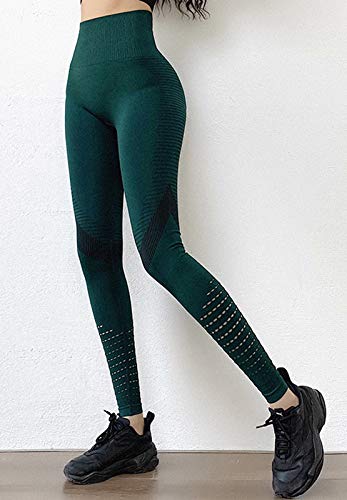 FITTOO Leggings Sin Costuras Corte de Malla Mujer Pantalon Deportivo Alta Cintura Yoga Elásticos Fitness Seamless #4 Verte Oscuro Large