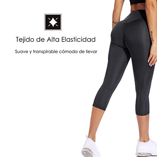 FITTOO Mallas 3/4 Leggings Mujer Pantalones de Yoga Alta Cintura Elásticos y Transpirables Negro S