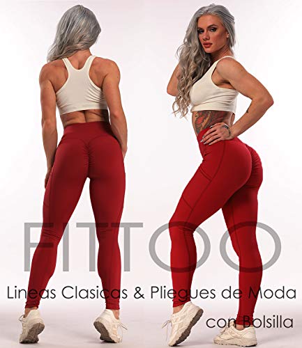 FITTOO Mallas Leggings Mujer Pantalones Deportivos Yoga Alta Cintura Elásticos Transpirables Rojo M
