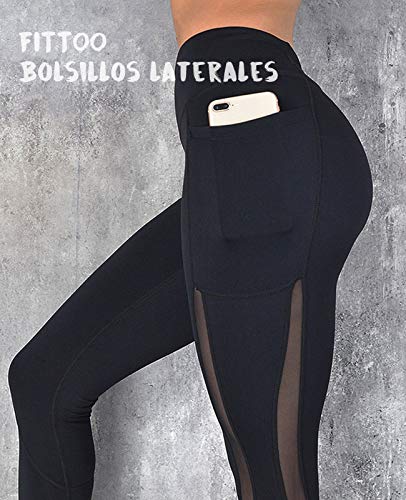 FITTOO Mallas Leggings Mujer Yoga de Alta Cintura Elásticos y Transpirables para Yoga Running Fitness B-Negro Large