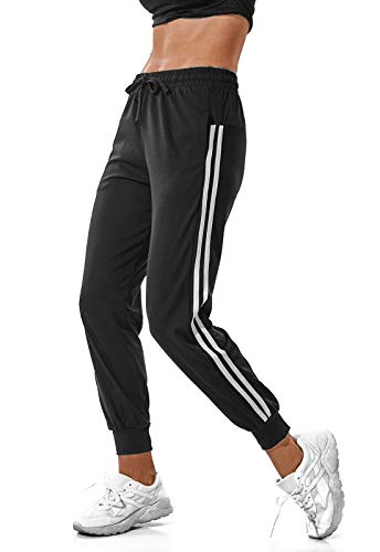 FITTOO Pantalon Chandal Mujer Largos Pantalones Deporte Yoga Fitness Jogger Pantalones Rayas Negro L