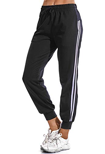 FITTOO Pantalon Chandal Mujer Largos Pantalones Deporte Yoga Fitness Jogger Pantalones Rayas Negro L