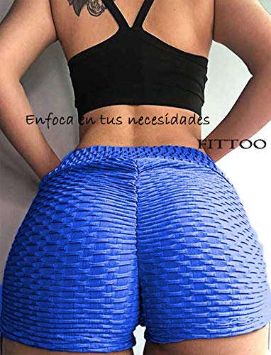 FITTOO Pantalones Cortos Leggings Mujer Mallas Yoga Alta Cintura Elásticos Push Up Suave #1 Azul M