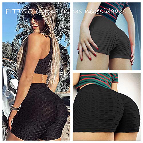 FITTOO Pantalones Cortos Leggings Mujer Mallas Yoga Alta Cintura Elásticos Push Up Suave #1 Negro M
