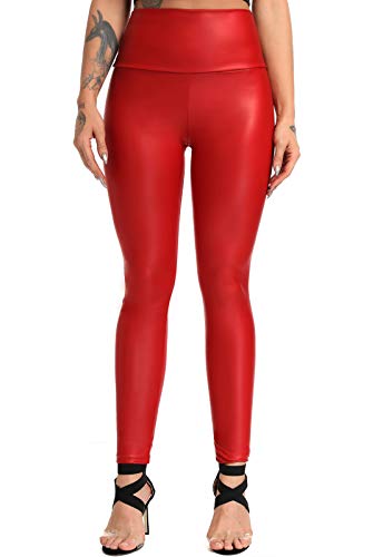 FITTOO PU Leggings Cuero Imitación Pantalón Elásticos Cintura Alta Push Up para Mujer #2 Clásico Rojo XS
