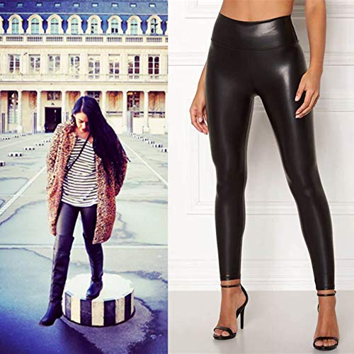 FITTOO PU Leggings Cuero Imitación Pantalón Elásticos Cintura Alta Push Up para Mujer201#2 Clásico Terciopelo Grueso L