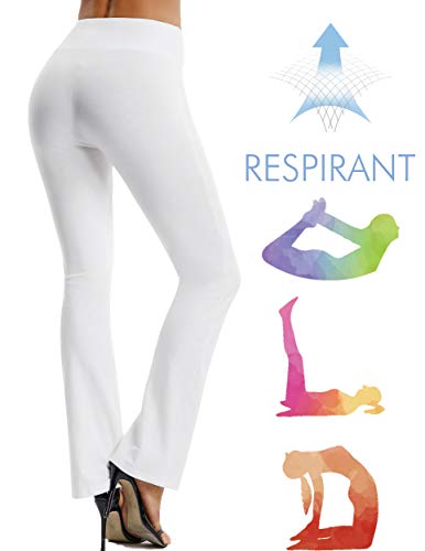 FITTOO Yoga Pantalon Femme Legging de Sport Extensible Pantalon à Pattes d'éléphant pour Fitness Jogging Danse, Blanc, L