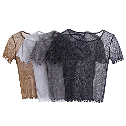 Fletion Camiseta para mujer de malla, sexi, manga corta, transparente marrón dorado small
