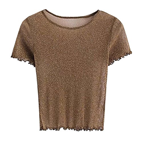 Fletion Camiseta para mujer de malla, sexi, manga corta, transparente marrón dorado small