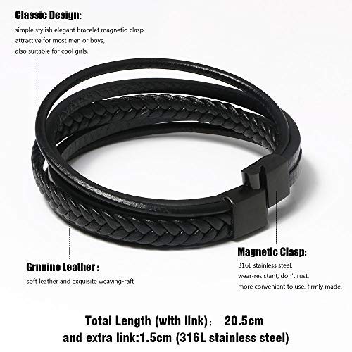 flintronic® Pulsera Hombre, Cuero Brazalete Trenzado Cruzada, Pulsera Cuero Trenzado Hombre, Acero Pulsera Trenzada con Cierre Magnética Inoxidable - Negro