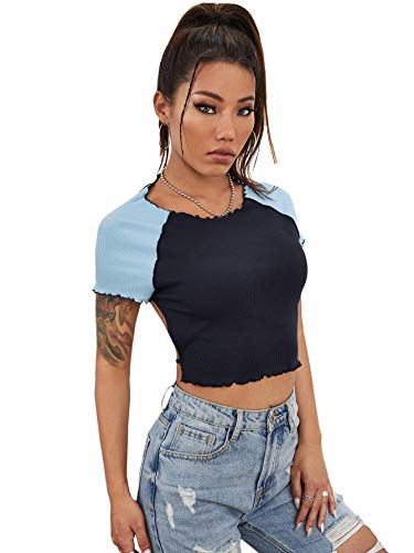 Floerns Women's All Over Print Backless Tie Back Short Sleeve Crop Top Tee Black Blue XL