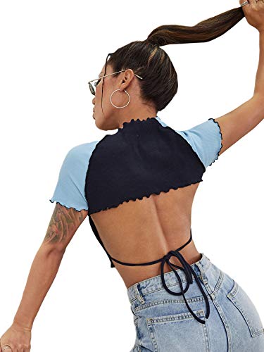 Floerns Women's All Over Print Backless Tie Back Short Sleeve Crop Top Tee Black Blue XL