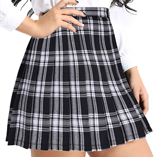 Freebily Falda Cuadros Escocesa Plisada Mujer Uniforme Escolar Colegio Disfraz Anime de Japones Coreano Falda Corta A-Line Elegante Negro&Blanco 2X-L
