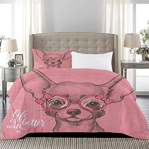 Funda nórdica de para niña, Dibujo de Chihuahua, ilustración con Cita, Gafas de Moda, Cintas, Estampado de Cachorro, Funda nórdica, Muy Suave y Lisa, Rosa pálido, Verde Militar