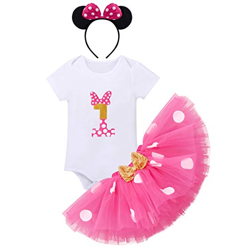 FYMNSI - Conjunto de ropa para bebé y niña de 1 cumpleaños, de manga corta, de algodón, con falda de tul y cinta para la cabeza, 3 piezas Rosa 1 Año