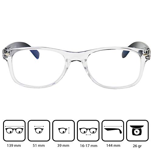 Gafas con Filtro de Luz Azul Unisex para Leer, Funda GRATIS, Montura Transparente de Plástico (Negro), Para Hombre y Mujer +2.0 Dioptrías