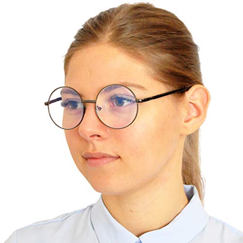 Gafas Redondas de Lectura con Filtro de Luz Azul, Funda GRATIS, Montura de Acero Inoxidable (Grafito) para Mujer +1.5 Dioptrías