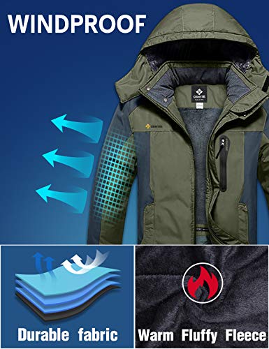GEMYSE Chaqueta de esquí Impermeable de montaña para Hombre Abrigo de Invierno al Aire Libre de Lana a Prueba de Viento con Capucha (Ejército Verde Gris,3XL)