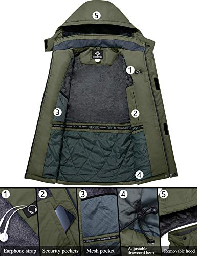 GEMYSE Chaqueta de esquí Impermeable de montaña para Hombre Abrigo de Invierno al Aire Libre de Lana a Prueba de Viento con Capucha (Ejército Verde Gris,3XL)