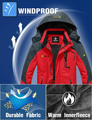 GEMYSE Chaqueta de esquí Impermeable de montaña para Hombre Abrigo de Invierno al Aire Libre de Lana a Prueba de Viento con Capucha (Roja Gris,XL)