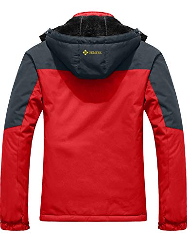 GEMYSE Chaqueta de esquí Impermeable de montaña para Hombre Abrigo de Invierno al Aire Libre de Lana a Prueba de Viento con Capucha (Roja Gris,XL)