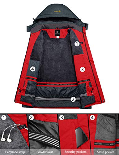 GEMYSE Chaqueta de esquí Impermeable de montaña para Hombre Abrigo de Invierno al Aire Libre de Lana a Prueba de Viento con Capucha (Roja Gris,XL)