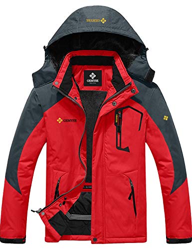 GEMYSE Chaqueta de esquí Impermeable de montaña para Hombre Abrigo de Invierno al Aire Libre de Lana a Prueba de Viento con Capucha (Roja Gris,XL)