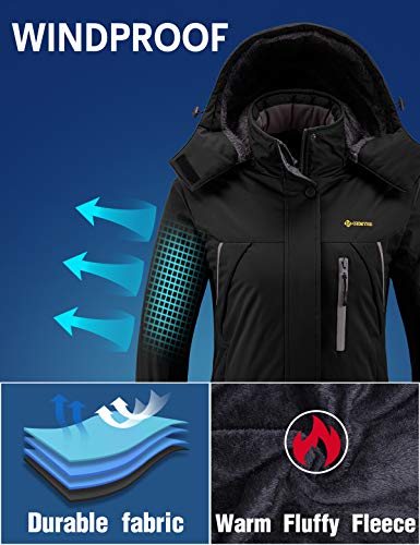 GEMYSE Chaqueta de esquí Impermeable de montaña para Mujer Abrigo de Invierno al Aire Libre de Lana a Prueba de Viento con Capucha (Negro,3XL)