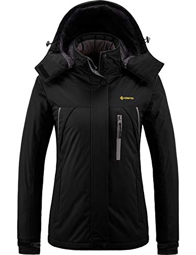 GEMYSE Chaqueta de esquí Impermeable de montaña para Mujer Abrigo de Invierno al Aire Libre de Lana a Prueba de Viento con Capucha (Negro,3XL)
