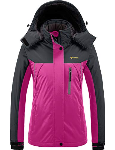 GEMYSE Chaqueta de esquí Impermeable de montaña para Mujer Abrigo de Invierno al Aire Libre de Lana a Prueba de Viento con Capucha (Rosa roja Gris,XL)