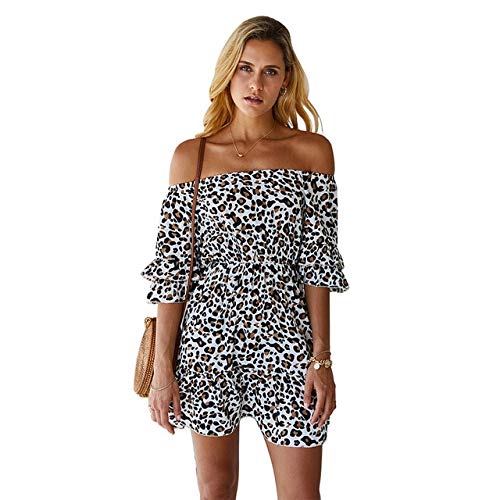 Generies Mujeres Leopard Slash Neck Off Shoulder Ruffle Casual Ladies Dress Elegante Boho Short Mini Beach Vestidos M Blanco