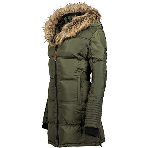 Geographical Norway BEAUTIFUL LADY - Parka cálida mujer - Abrigo grueso con capucha de piel falsa - Chaqueta de invierno - Chaqueta larga con forro cálido - Regalo para mujer Moda casual (XXL caqui)