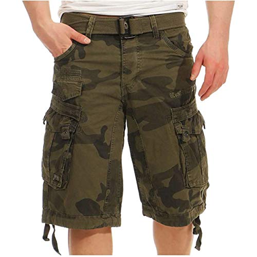 Geographical Norway PANORAMIQUE MEN - Bermudas Short Algodón Fit - Pantalones Cortos Deportivos Para Hombres - Bermudas Hombre - Shorts Cortos Cinturón - Bermuda Ajuste Normal Cómodo CAMO CAQUI M