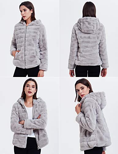 Geschallino Chaqueta con Capucha de Suave Piel Falsa para Mujeres, Campera Corta con 2 Bolsillos, Buzos Esponjosos Polares y Cálidos para Invierno, Verano, Gris, XXL