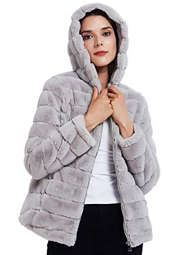 Geschallino Chaqueta con Capucha de Suave Piel Falsa para Mujeres, Campera Corta con 2 Bolsillos, Buzos Esponjosos Polares y Cálidos para Invierno, Verano, Gris, XXL