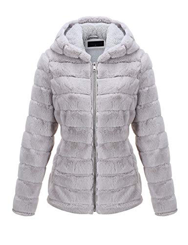 Geschallino Chaqueta con Capucha de Suave Piel Falsa para Mujeres, Campera Corta con 2 Bolsillos, Buzos Esponjosos Polares y Cálidos para Invierno, Verano, Gris, XXL