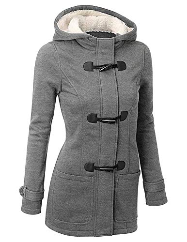 GHYUGR Abrigos con Horn Botones Mujer Invierno Elegantes Slim Chaqueta con Capucha Lana Capa Jacket Sudadera Pullover Outwear Parka,Gris,L