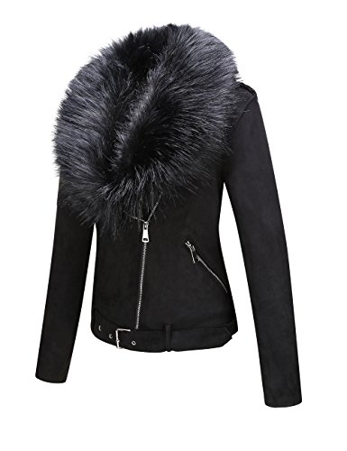Giolshon Chaqueta Corta de Gamuza Sintética para Mujeres, Chaqueta de Moto con Cuello Desmontable de Piel Sintética Negro XS