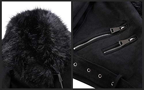 Giolshon Chaqueta Corta de Gamuza Sintética para Mujeres, Chaqueta de Moto con Cuello Desmontable de Piel Sintética Negro XS