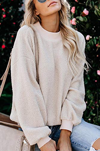 GOLDPKF Fuzzy - Sudadera de forro polar para mujer, cuello redondo, cálido beige XXL